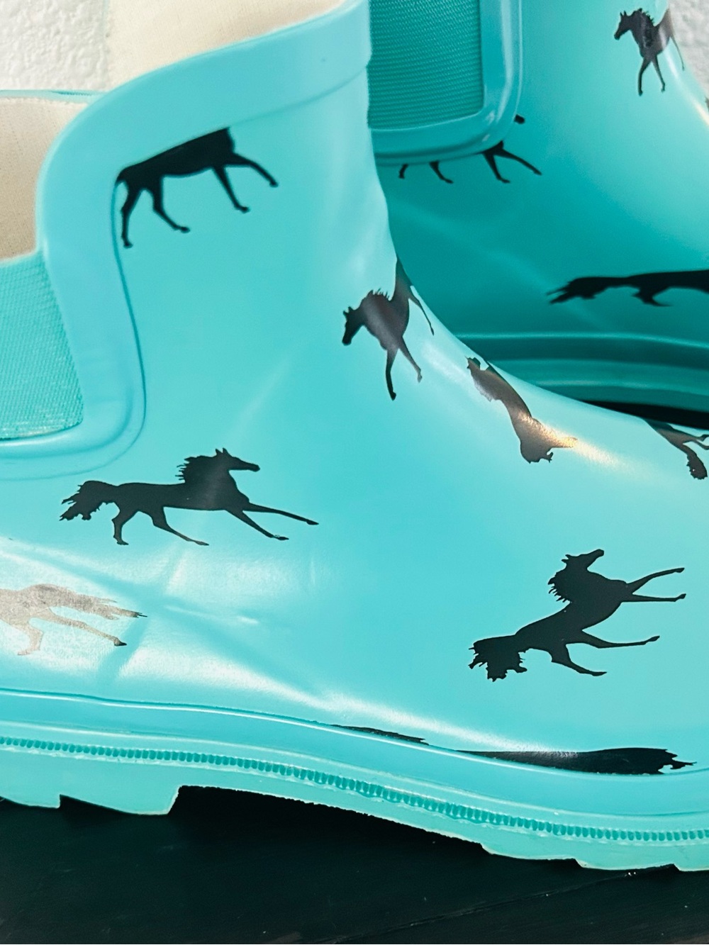 Turquoise Horse-Print Chelsea Rain Booties for Women